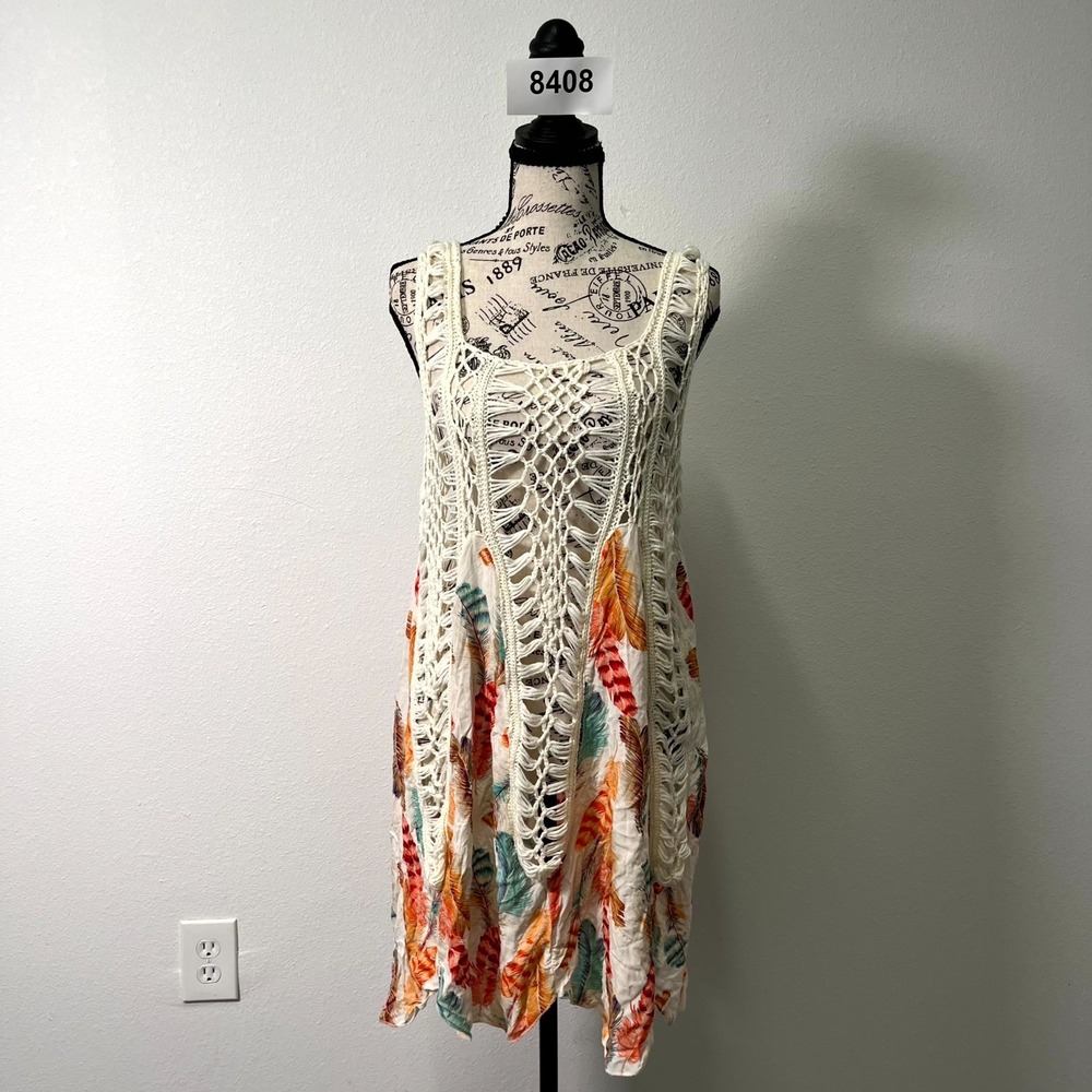 Womens Summer Boho Shift Dress‎ White Feather Print Crochet Detail Outdoor Beach